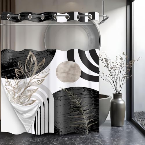 "Boho Mid Century Modern Hookless Shower Curtain with Snap in Liner, Black and White Cool Grey Abstract No Hook Double Layer Shower Curtain and Liner Set, Waterproof Cloth Fabric, 60"" W X 74"" L"