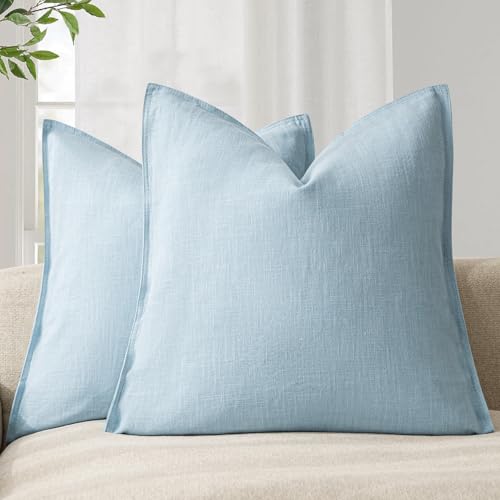 Foindtower Pack of 2, Decorative Linen Soild Throw Pillow Covers Soft Accent Euro Cushion Case Farmhouse Neutral Pillowcase for Chair Couch Sofa Bedroom Living Room Home Decor 24 x 24 Inch Light Blue