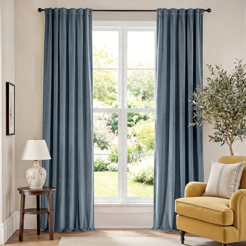 Lazzzy Velvet 90 inch Curtains 2 Panel Set Blue Blackout Curtains Thermal Insulated Drapes for Bedroom Living Room Window Treatments Super Soft Luxury Rod Pocket Aegean Blue