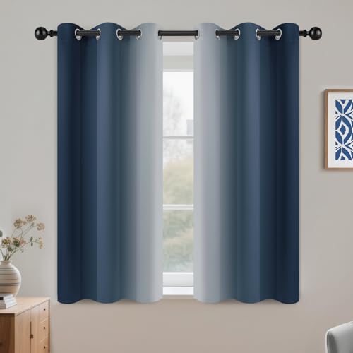 COSVIYA Curtains & Drapes Ombre Navy Blue Curtains 45 inch Long 2 Panels Set, Grommet Room Darkening Light Blocking Insulated Thermal Gradient Window Panels for Bedroom/Living Room,42x45 inches