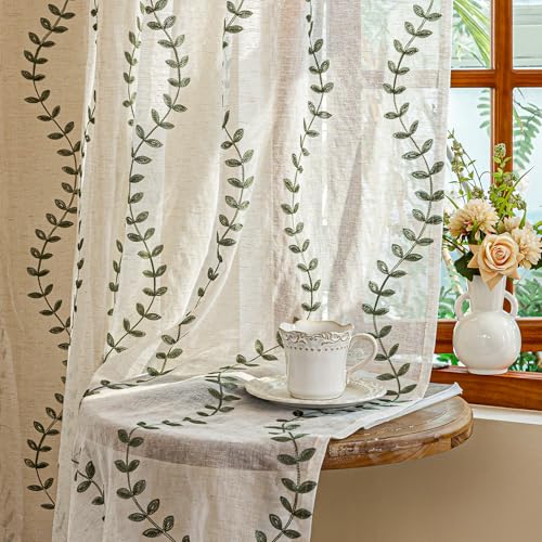 AmHoo 2 Panels Linen Leaf String Floral Embroidered Semi Sheer Curtain Farmhouse Voile Curtains for Living Room Bedroom Window Treatment Sage Green 52 x 96 Inch