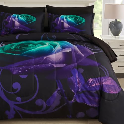 WONGS BEDDING Comforter Set Queen, Reversible Rose 7 Pieces Bed in a Bag