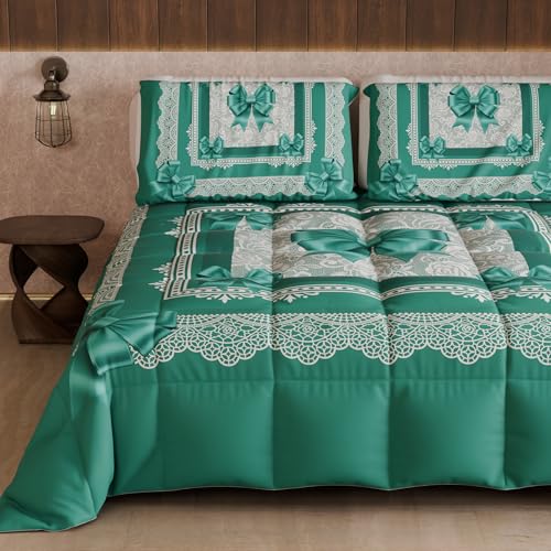PETTI Artigiani Italiani - Winter Quilt for a Double Bed and a Half Quarter, Solid Colour and Digital Print Teal Bow, Made in Italy