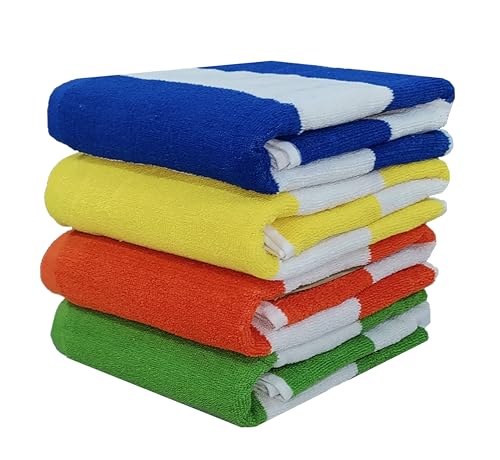 BolBom*S Beach Towels Cabana Stripe, 100% Pure Cotton Soft & Thick Towels (30 x 60 Inches), Large Pool Towels Perfect for Hotel, Spa & Bath, Pack of 4 - Yellow, Blue, Orange, Green