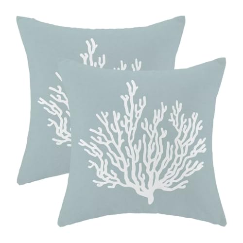 AEIOAE Coastal Nautical Pillow Covers 16 x 16 Inch Set of 2, Seafoam Blue Coral Decorative Throw Pillow Covers Pillowcase Linen Beach Ocean Theme for Indoor Outdoor Home Sofa Bedroom Living Room