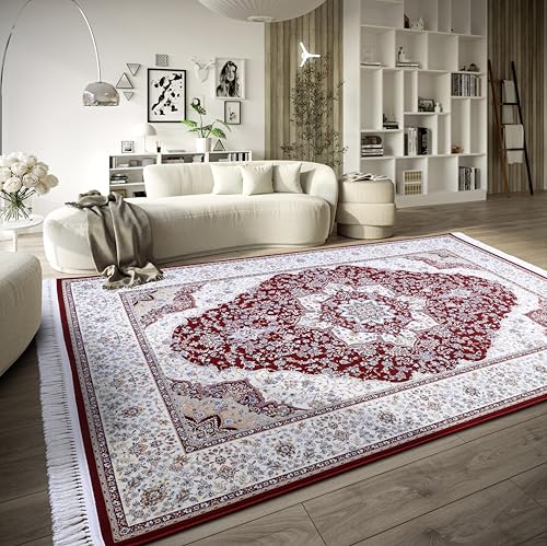 Villeroy & Boch Etienne Short Pile Rug, Oriental Living Room Rug, Densely Woven with Fringes, Classic Rug for Living Room, Bedroom, Dining Room, Hallway, Red Cream, 155 x 235 cm