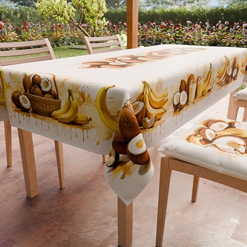 PETTI Artigiani Italiani - Stain Resistant Tablecloth Rectangular 140x180 cm 6 Seats, Wipe Clean Microfibre Kitchen Table Cover, Fruit Design Coconut and Banana, 100% Made in Italy