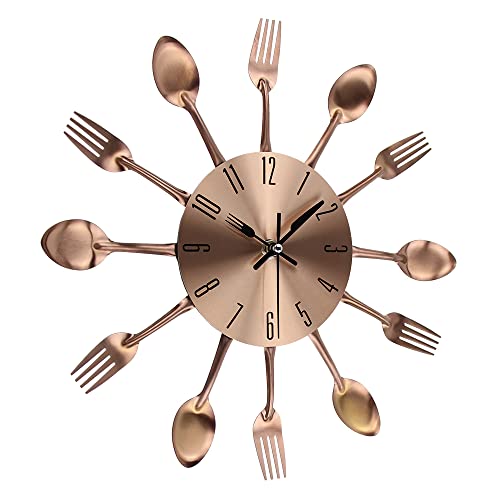 Kitchen Metal Copper Wall Clocks with Spoons and Forks 3D Removable Modern Creative Cutlery Kitchen Spoon Fork Wall Clock for Great Home Decor and Nice Gifts (Copper-33CM)