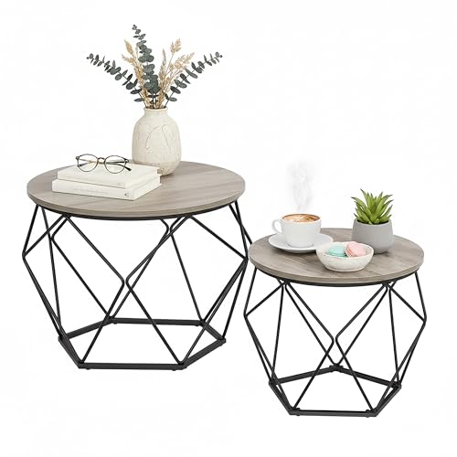 Relaxdays 2-Piece Coffee Table Set, Wood-Effect & Metal, Vintage Round Side Tables, Living Room, Brown/Black, 50x40x40 c