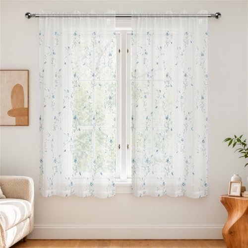Taisier Home Floral White Sheer Curtains Flower Print Vine Embroidery Bedroom Curtain Rod Pocket Voile Window Curtains for Living Room, 52 x 72 inches Long,Blue Buds with Green Branch Pattern