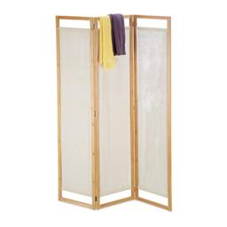 Relaxdays 3 Panel Room Divider, Folding Partition Screen, Opaque Paravent, Bamboo & Fabric, HxWxD 170x120x1.5cm, Natural