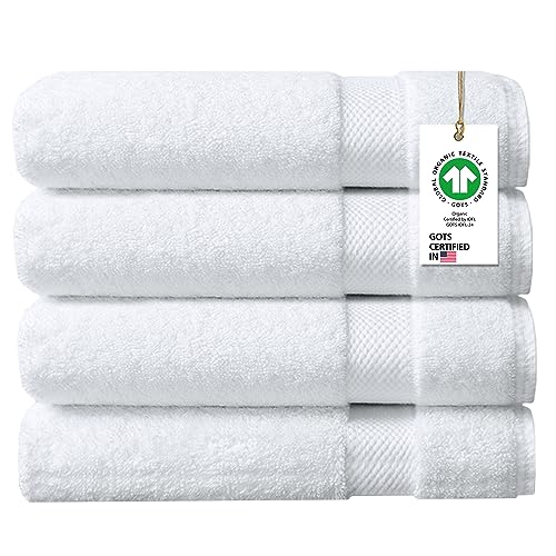 "Delara 100% Organic Cotton Towels 650 GSM Plush Feather Touch Quick Dry Bath Towel, Pack of 4 GOTS Certified, Oeko-Tex Green Certified, Organic Cotton Bath Towel, 30""X58"""