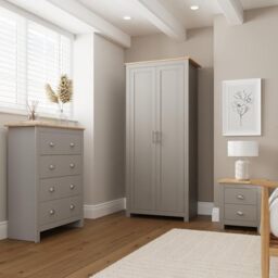 GFW Lancaster Grey & Oak 3 Piece Bedroom Furniture Set – 2 Door Wardrobe, 4 Drawer Chest of Drawers & 2 Drawer Bedside Table – Shaker Style Bedroom Storage Furniture for Home, Grey/Oak Finish