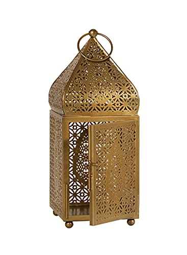 "Serene Spaces Living Large Moroccan Gold Ornate Candle Lantern, Antique Gold Lantern, Decorative Candle Lantern Holders for Indian-Inspired Wedding, Eid, Ramadan, Events, 4.5"" Dia & 12"" Tall"