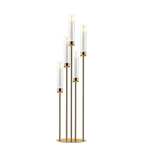 Gold Candelabra with Glass Cylinders for Real Candles 5 Arms Metal Candle Holder Wedding Event Party Home Decoration Centerpiece (1, L)