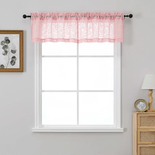 OVZME Blush Pink Valances for Windows 14 Inch Length 2 Panels, Dual Rod Pocket Light Filtering Valances for Kitchen, Soft Airy Short Sheer Curtains with Leaf Jacquard Clip Design, 2x42Wx14L Inches