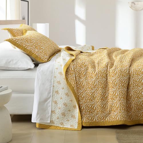 Quilts Queen Size - Botanical Floral Design Farmhouse Quilt Set with Matching Shams, 3 Pieces 100% Cotton Queen Quilt Bedding Set, Summer Lightweight Coverlet Set with Solid Reverse, Gold/White