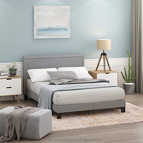 Furinno LAVAL Bed Frame, UK Double Size Bedframe with Double Row Nail Head Headboard, Upholstered Bed with Legs, 12pcs Wooden Slat Support, Easy Assembly, for Bedroom, Dorm, Glacier