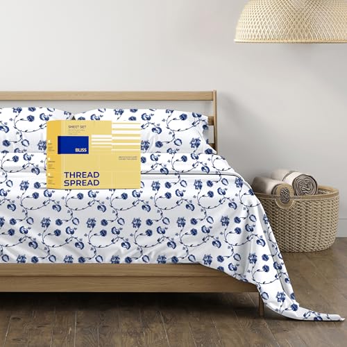 THREAD SPREAD Egyptian Cotton Printed Sheets - 600 TC 4 Pc Floral Blue California King Printed Sheet Set - Hotel Luxury Sateen Bedsheets - Deep Pockets - Breathable & Cooling Sheets for Cal King Bed