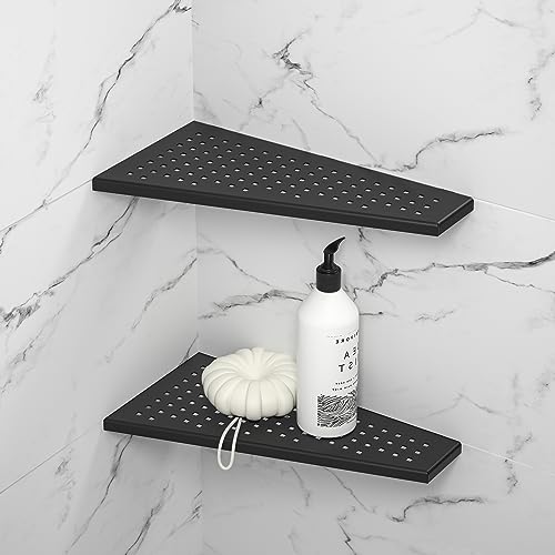 Bernkot Corner shower shelf, matt black 30.5 cm, 304 stainless steel trapezoidal grout with checkered holes, bathroom shelves for upgrading tiled walls, 2 pcs