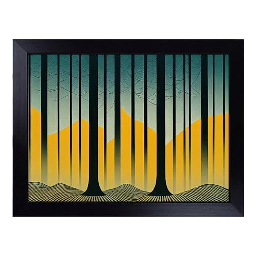 Lap Tray with Bean Bag Cushion, Forest Art Deco Abstract - Handmade in the UK, Raised Wooden Edge, Padded Cushion, Heat-Resistant Wipe-Clean Surface, for Meals, Laptops and Crafts