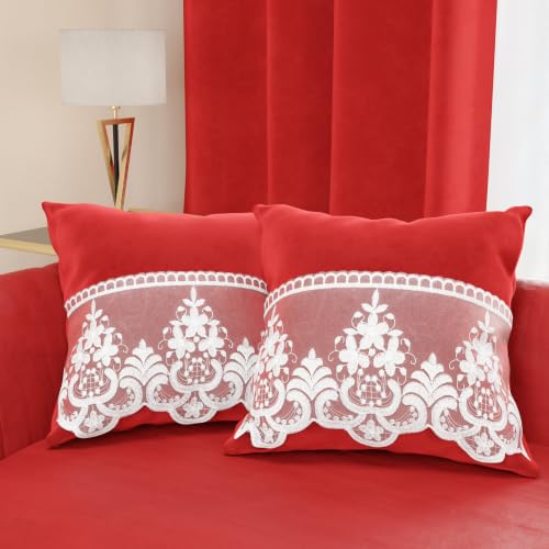 PETTI Artigiani Italiani - 2 Velvet Cushions with Rebrod?? Lace, Filling Included, 60 x 40 cm, Red