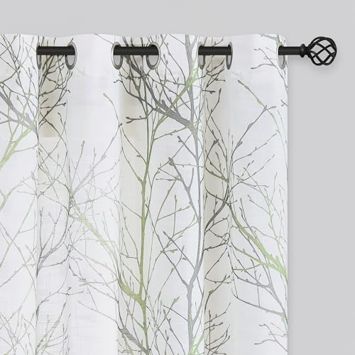 Fmfunctex Green White Semi-Sheer Curtains 96-inches Long Modern Green and Grey Tree Branches Printing on Linen Textured White Window Treatment Panels for Living Room Bedroom Kitchen Draperies 1 Pair
