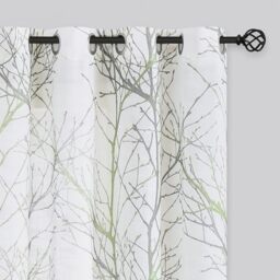 Fmfunctex Green White Semi-Sheer Curtains 96-inches Long Modern Green and Grey Tree Branches Printing on Linen Textured White Window Treatment Panels for Living Room Bedroom Kitchen Draperies 1 Pair