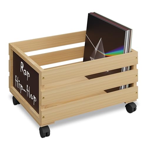 Relaxdays Record Crate, Bamboo, with Wheels, Holds 50-80 LPs, HWD: 27 x 43 x 34 cm, Vinyl Storage Box, Natural/Black