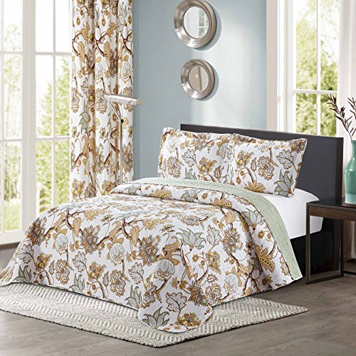 All American Collection 3pc Modern Reversible Floral Home Bedroom Bedspread Coverlet Quilt Set with Matching Curtains Available (Full/Queen Size, Yellow)