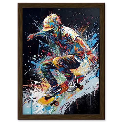 Artery8 Skateboarder Skating Multicoloured Splat Paint Artwork Framed Wall Art Print A4