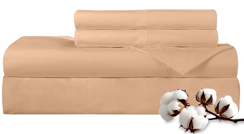 ROYALE LINENS 300 Thread Count 100% Long Staple Combed Cotton Sheet Set - 4 Piece Queen Bed Sheets - 1 Fitted, 1 Flat & 2 Pillow Cases - Soft Cool & Crisp Sheet Set (Queen, Sand)