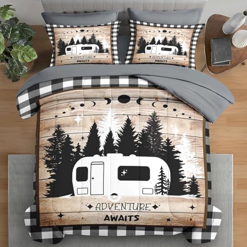Pamnest Comforter Set Twin Size, Camping Camper Rv 5 Pcs Bedding for Kids and Adults, Car Family Bed Sheet Sets with Fitted Sheet Pillowcase & Sham for Bedroom Bed Decor
