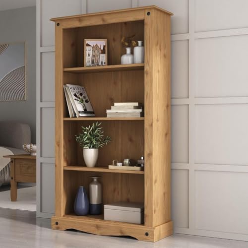 Mews Corona Bookcase Medium Solid Mexican Pine Wood with 3 Shelves - Rustic Farmhouse Style