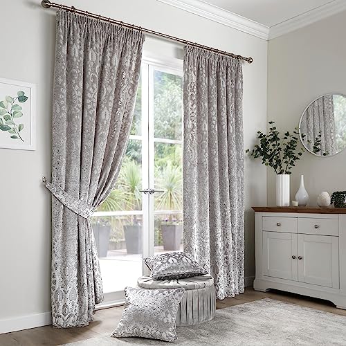 "Curtina - Silver Velvet Damask Curtains W46 x L72"" (117 x 183cm) - 2 Tie Backs Included - Damask Curtains - 2 Velvet Curtain Panels - Woven Curtains in Silver - Luxury Curtains & Drapes"