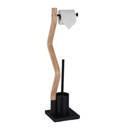 Relaxdays WC Accessories Set, Standing Toilet Paper Holder, Replaceable Brush & Holder, 75x18.5x18.5cm, Black/natural