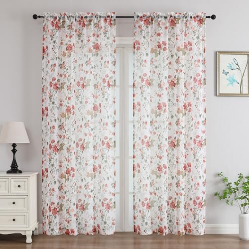 "OWENIE Floral Sheer Curtains 84 Inches Long 2 Panels Set, Farmhouse Light Filtering Printed Crushed Semi Sheer Patterned Curtains for Bedroom Living Room, Rod Pocket, Each 42"" W x 84"" L"