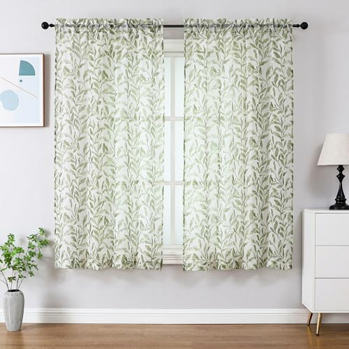 "OWENIE Leaf Sheer Curtains for Bedroom Living Room 63 Inch Length 2 Panels, Farmhouse Light Filtering Printed Crushed Patterned Curtains, Rod Pocket Semi Sheer Drapes, Each 42"" W x 63"" L"