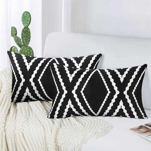 Adabana Outdoor Lumbar Waterproof Pillow Covers Set of 2 Boho Geometric Throw Pillows Cover for Patio Garden 12 x 20 Inch Black and White
