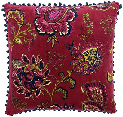 "Riva Paoletti Malisa Square Cushion Cover - Pomegranate Red - Paisley Indian Print - Faux Velvet Fabric - Blue Pompom Edges - Machine Washable - 100% Cotton - 50 x 50cm (20"" x 20"" inches)"