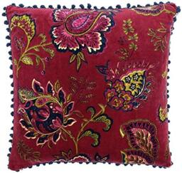 "Riva Paoletti Malisa Square Cushion Cover - Pomegranate Red - Paisley Indian Print - Faux Velvet Fabric - Blue Pompom Edges - Machine Washable - 100% Cotton - 50 x 50cm (20"" x 20"" inches)"