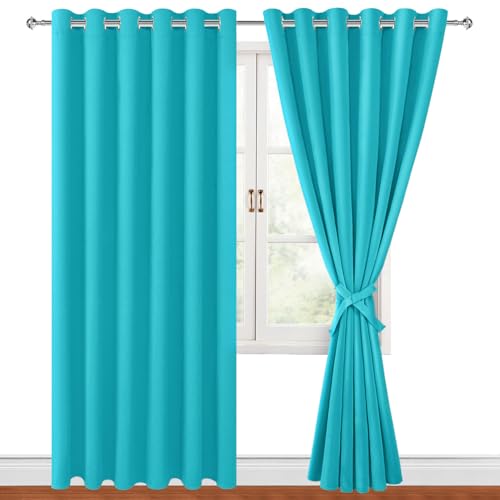 Hiasan Grommet Blackout Curtains for Bedroom, 70 x 84 Inches - Thermal Insulated & Light Blocking Window Drapes for Living Room/Dorm Room, Set of 2 Panels Sewn with Tiebacks, Turquoise