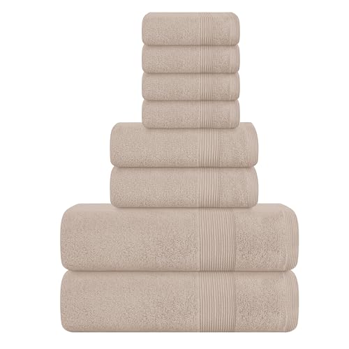 Elvana Home 8 Piece Towel Set 100% Ring Spun Cotton, 2 Bath Towels 27x54, 2 Hand Towels 16x28 and 4 Washcloths 13x13 - Ultra Soft Highly Absorbent Machine Washable Hotel Spa Quality - Tan