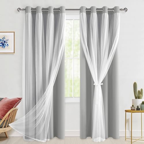 Hiasan Blackout Curtains with Sheer 84 Inches Long, Grommet Thermal Insulated Mix & Match Double Layer Window Curtains for Bedroom, Living Room, 2 Drape Panels with Tiebacks, Silver Grey, 52W X 84L