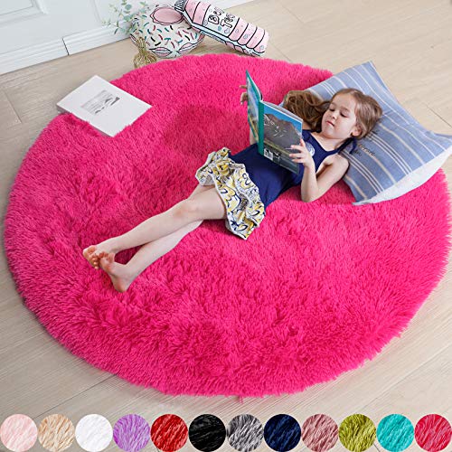 Hot Pink Round Rug for Bedroom, Kids Room Nursery Fluffy