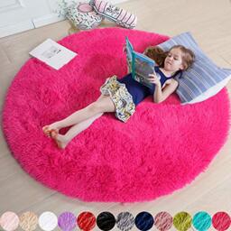 Hot Pink Round Rug for Bedroom, Kids Room & Nursery - Fluffy, Shaggy, Fuzzy Plush Carpet, 4'X4'