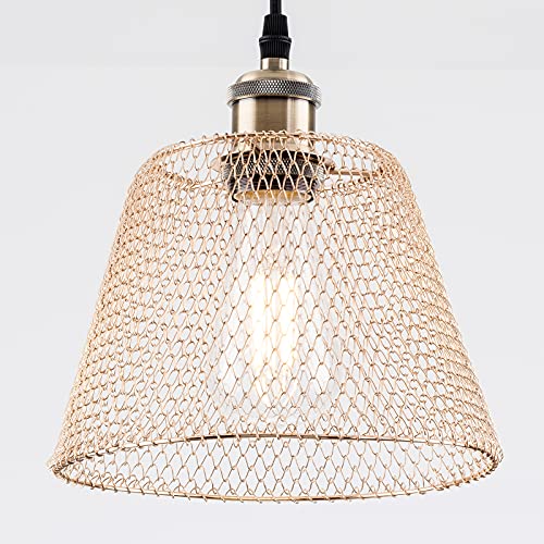 HARPER LIVING Pendant Ceiling Light Shade, Easy Fit Compact Vintage Lamp Shades, Gold Wire Mesh Basket, Metal Lampshades for Bedroom Ceiling Light Pendant (Gold)