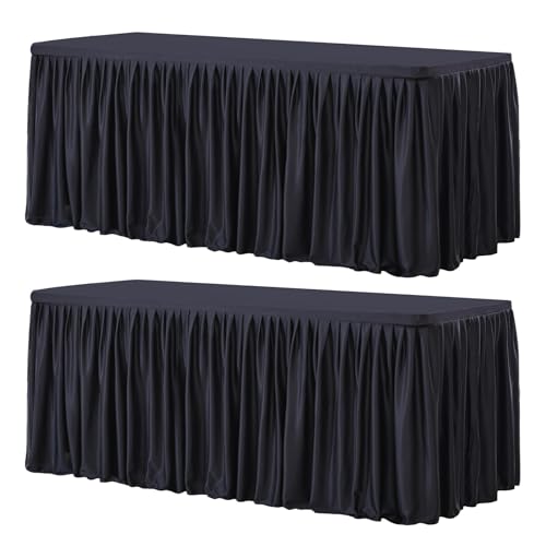 Wish Care 2 Pack Black Rectangle Table Clothes for 4 Foot Tables, Polyester Fitted Table Cover 4ft Stretch Tablecloths for Wedding, Birthday, Parties, Trade Show, Craft Show