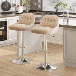 Adjustable Bar Stools Set of 2, Swivel Counter Stools with Backrest, Chenille & Faux Leather Upholstered Bar Chairs, Height Adjustable Kitchen Breakfast Bar Stools, Chrome Metal Base,Camel