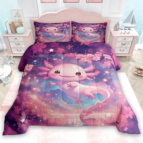 jejeloiu Cute Axolotl Comforter Full Size Kids Cartoon Salamander Bedding Set for Boys Girls Teens Kawaii Ocean Sealife Duvet Quilt Breathable Soft Lightweight Microfiber Room Decor